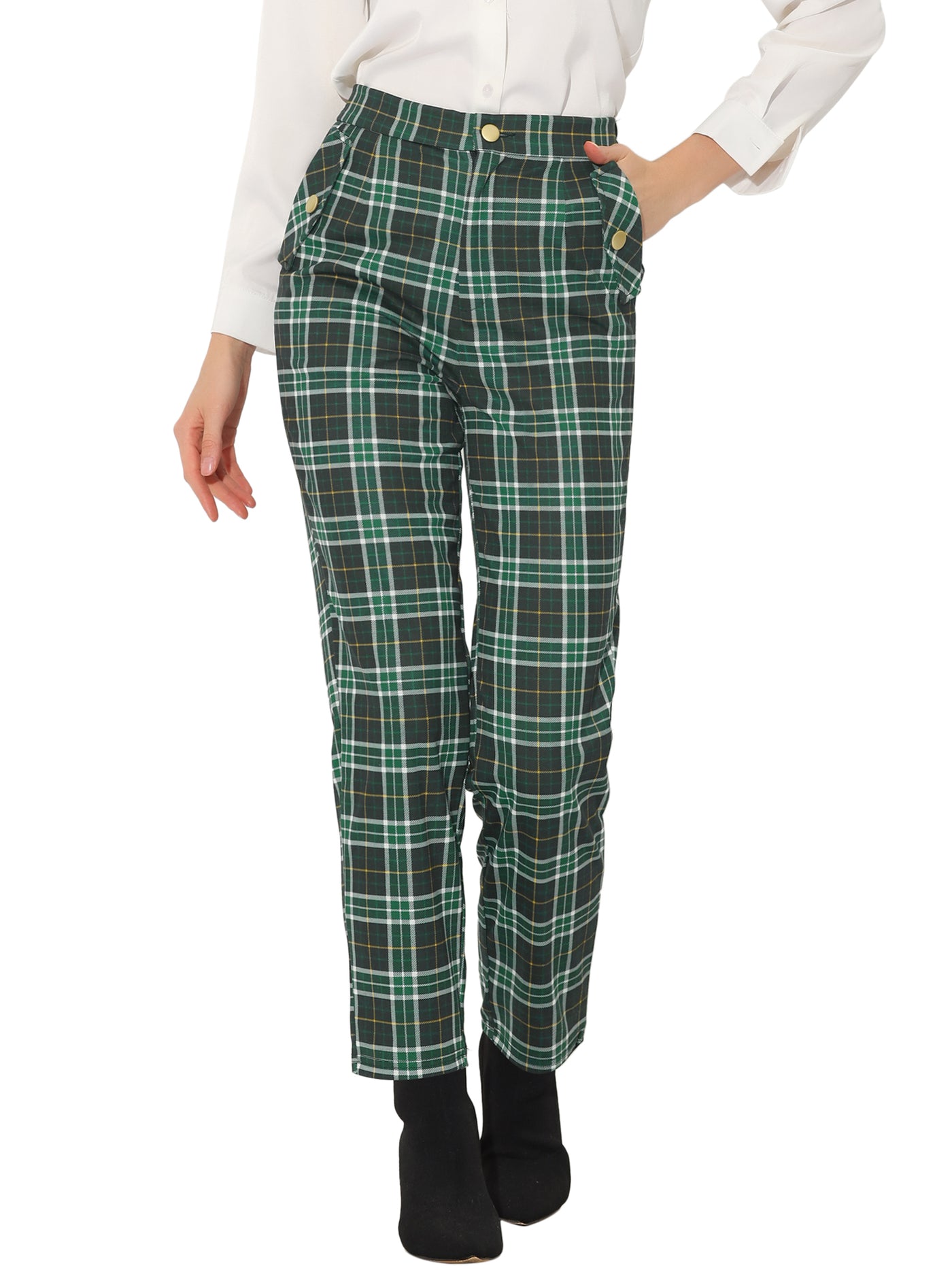 Allegra K Vintage Tartan Plaid Pants Elastic Waist Straight Long Trousers