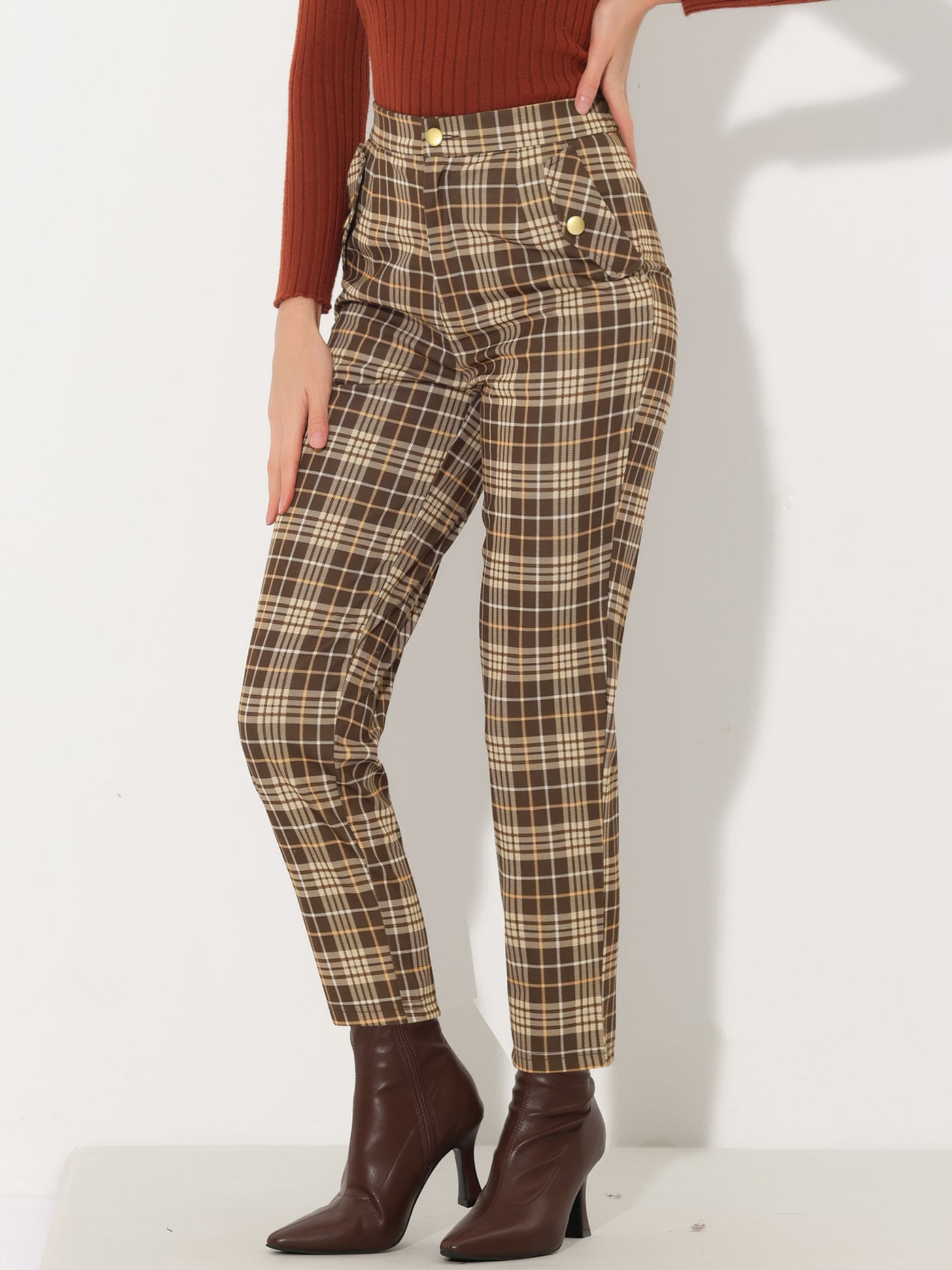 Allegra K Vintage Tartan Plaid Pants Elastic Waist Straight Long Trousers