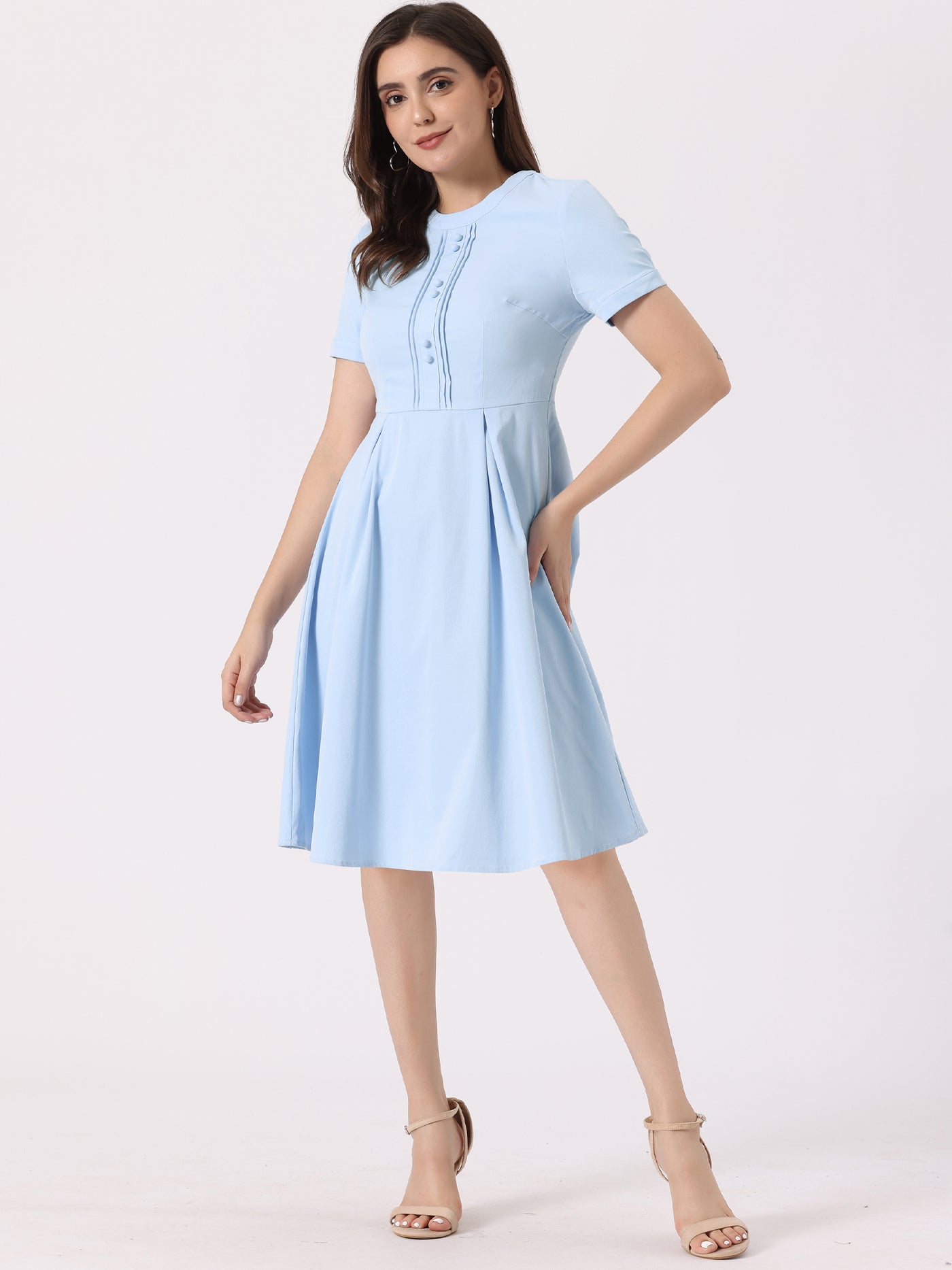 Allegra K Vintage Round Neck Short Sleeve Pleated 1950s Midi Dress