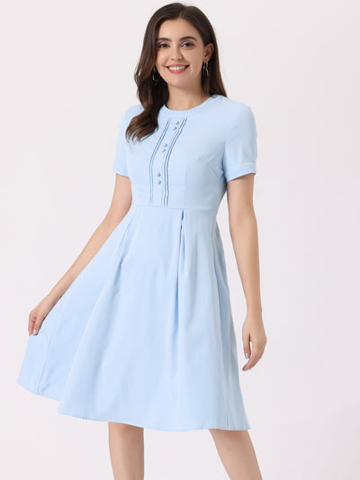 Vintage Round Neck Short Sleeve Pleated 1950s Midi Dress