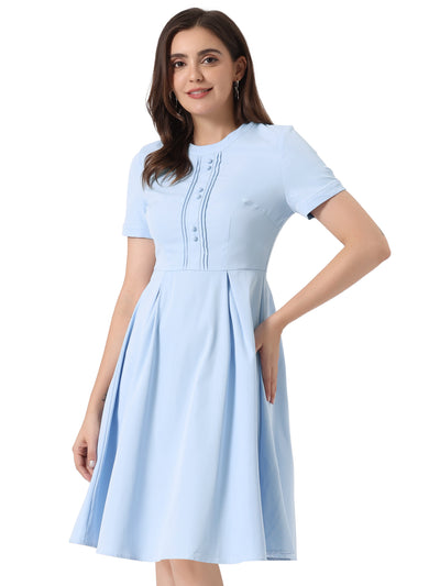 Vintage Round Neck Short Sleeve Pleated 1950s Midi Dress