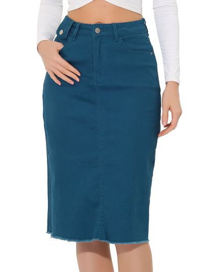 Casual High Waist Back Slit Stretch Denim Midi Skirt