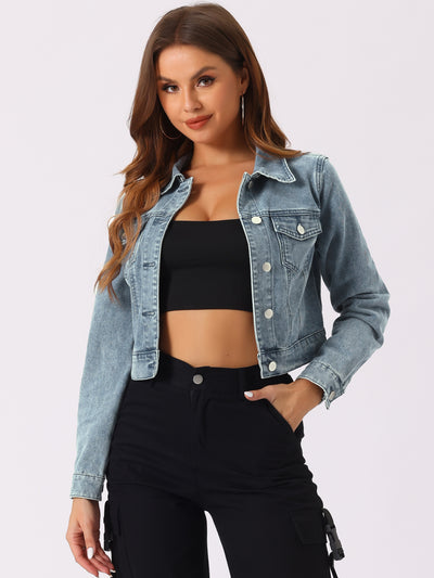 Button Down Long Sleeve Casual Cropped Denim Jacket