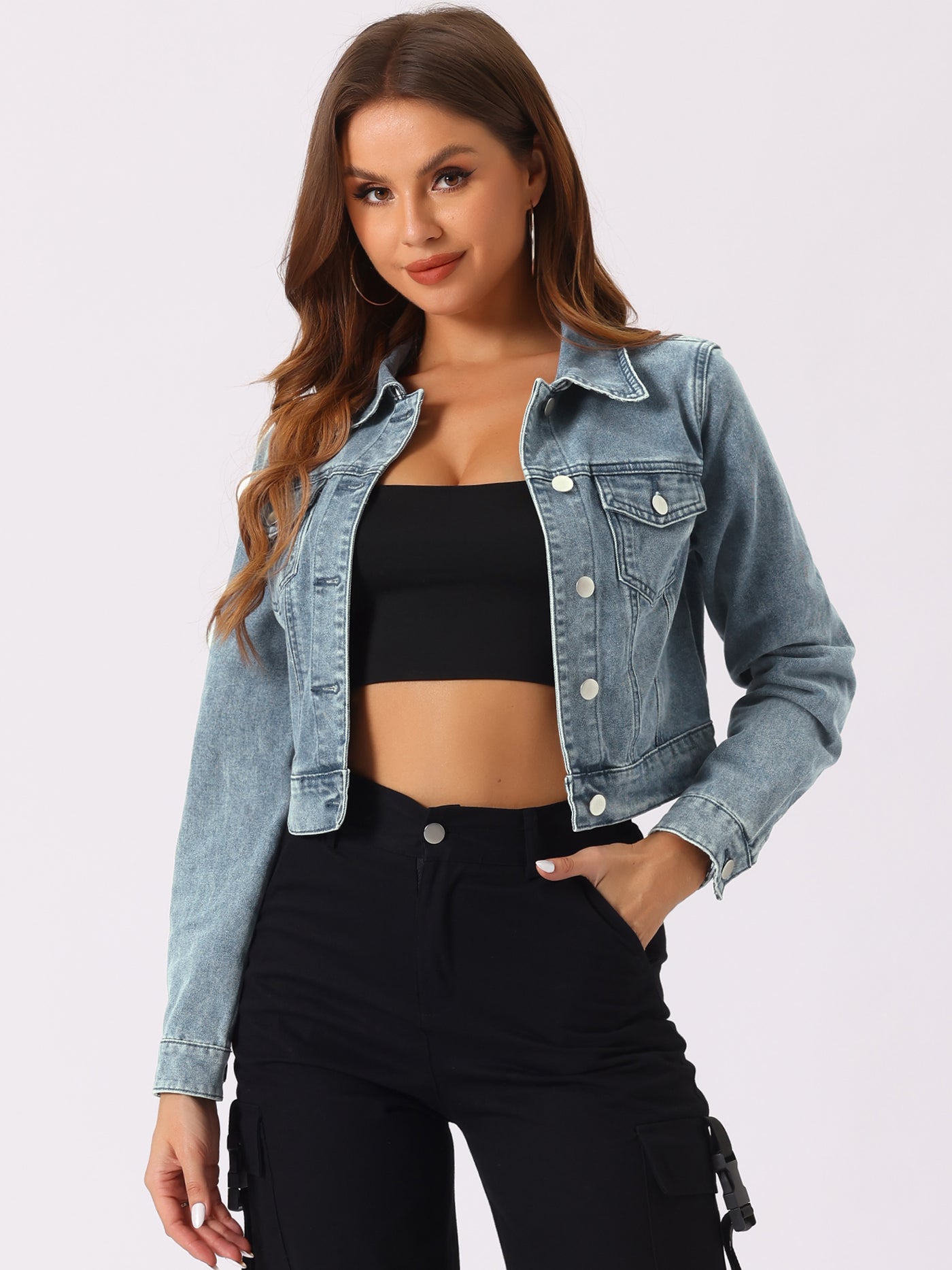 Allegra K Button Down Long Sleeve Casual Cropped Denim Jacket