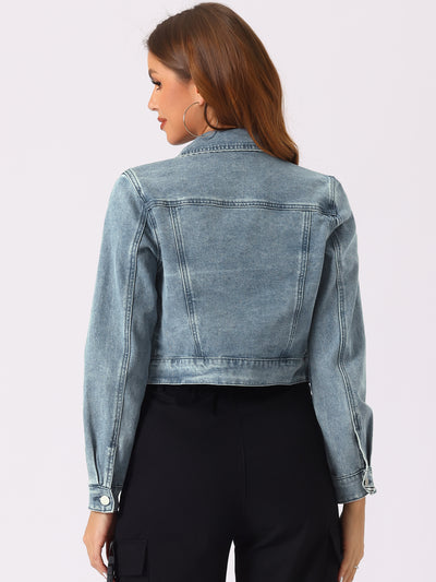 Button Down Long Sleeve Casual Cropped Denim Jacket