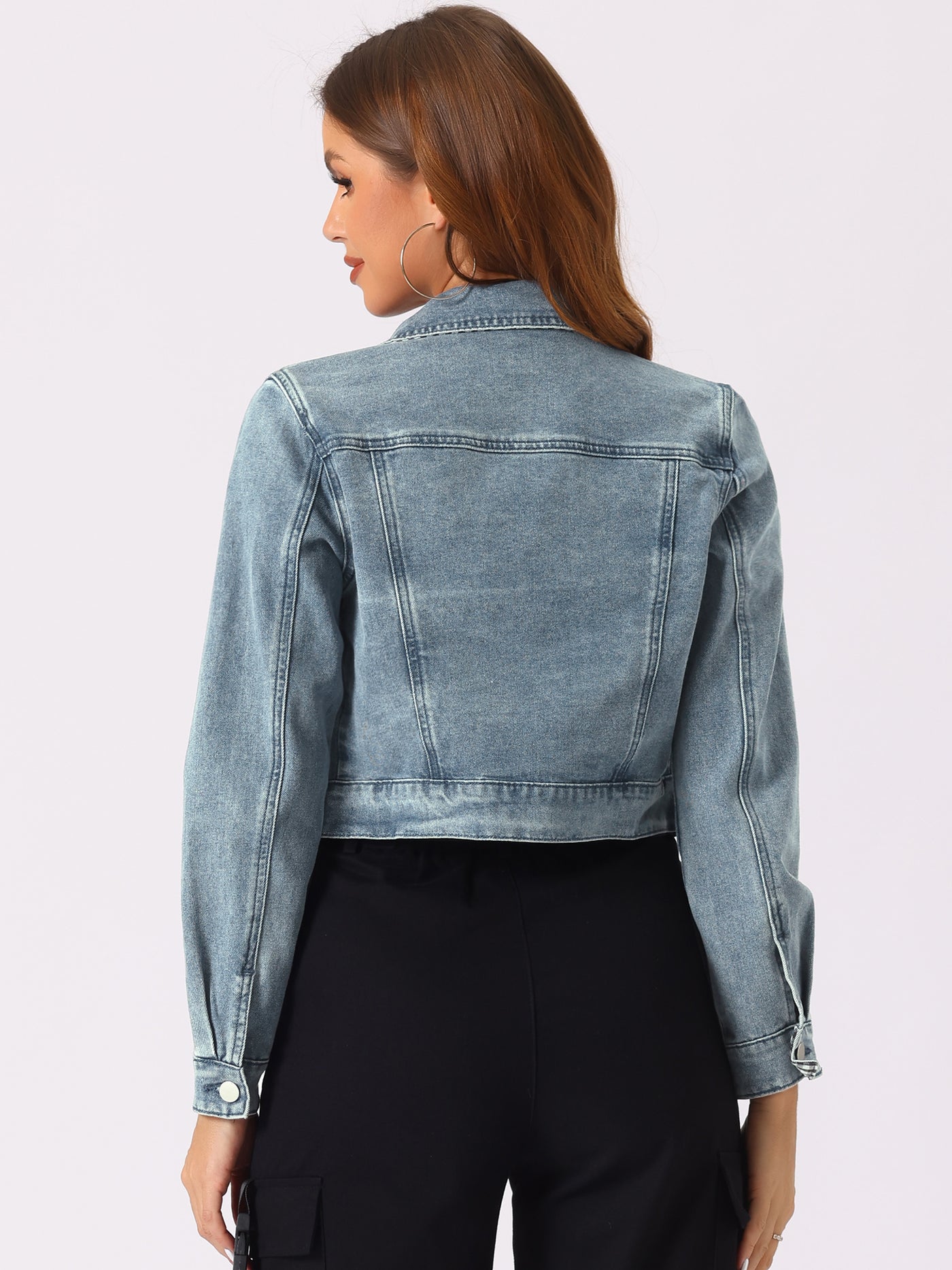 Allegra K Button Down Long Sleeve Casual Cropped Denim Jacket