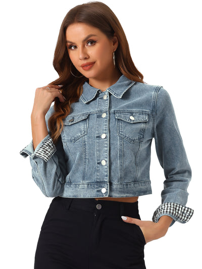 Button Down Long Sleeve Casual Cropped Denim Jacket