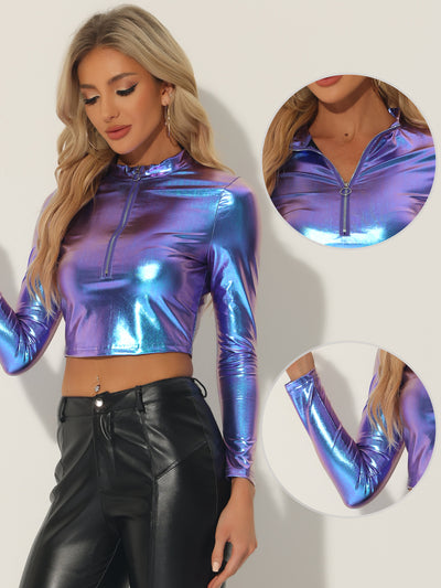 Party Tops Long Sleeve Zip Up Metallic Crop Top