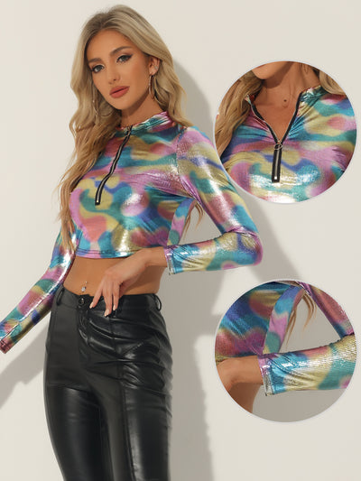 Party Tops Long Sleeve Zip Up Metallic Crop Top