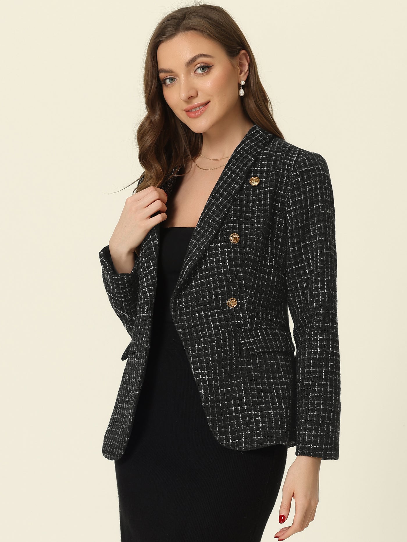 Allegra K Plaid Tweed Lapel Collar Double Breast Work Office Blazer Jacket