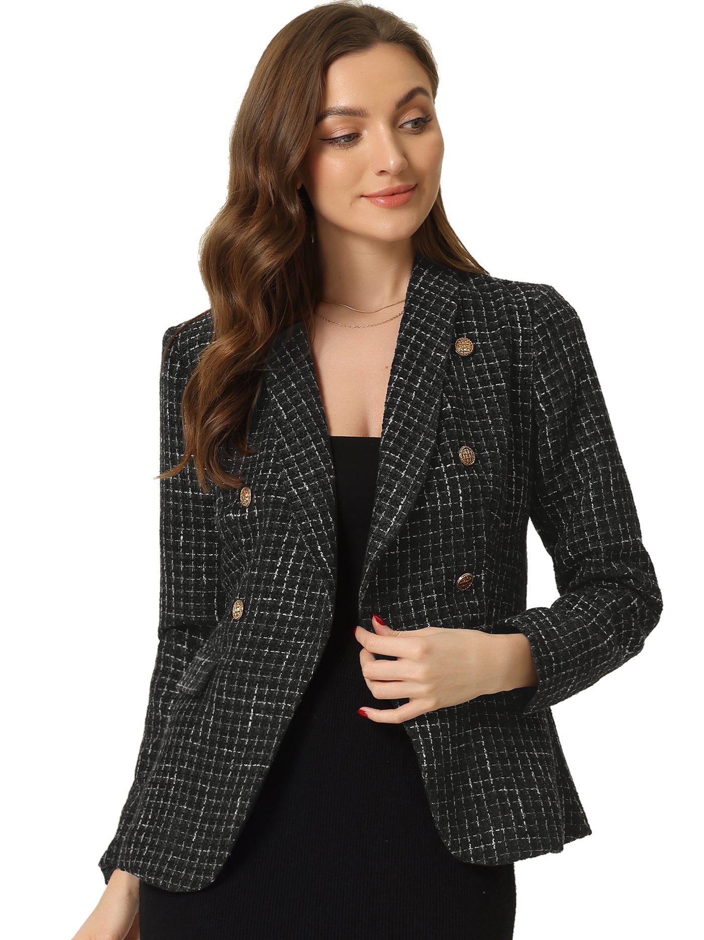 Allegra K Plaid Tweed Lapel Collar Double Breast Work Office Blazer Jacket