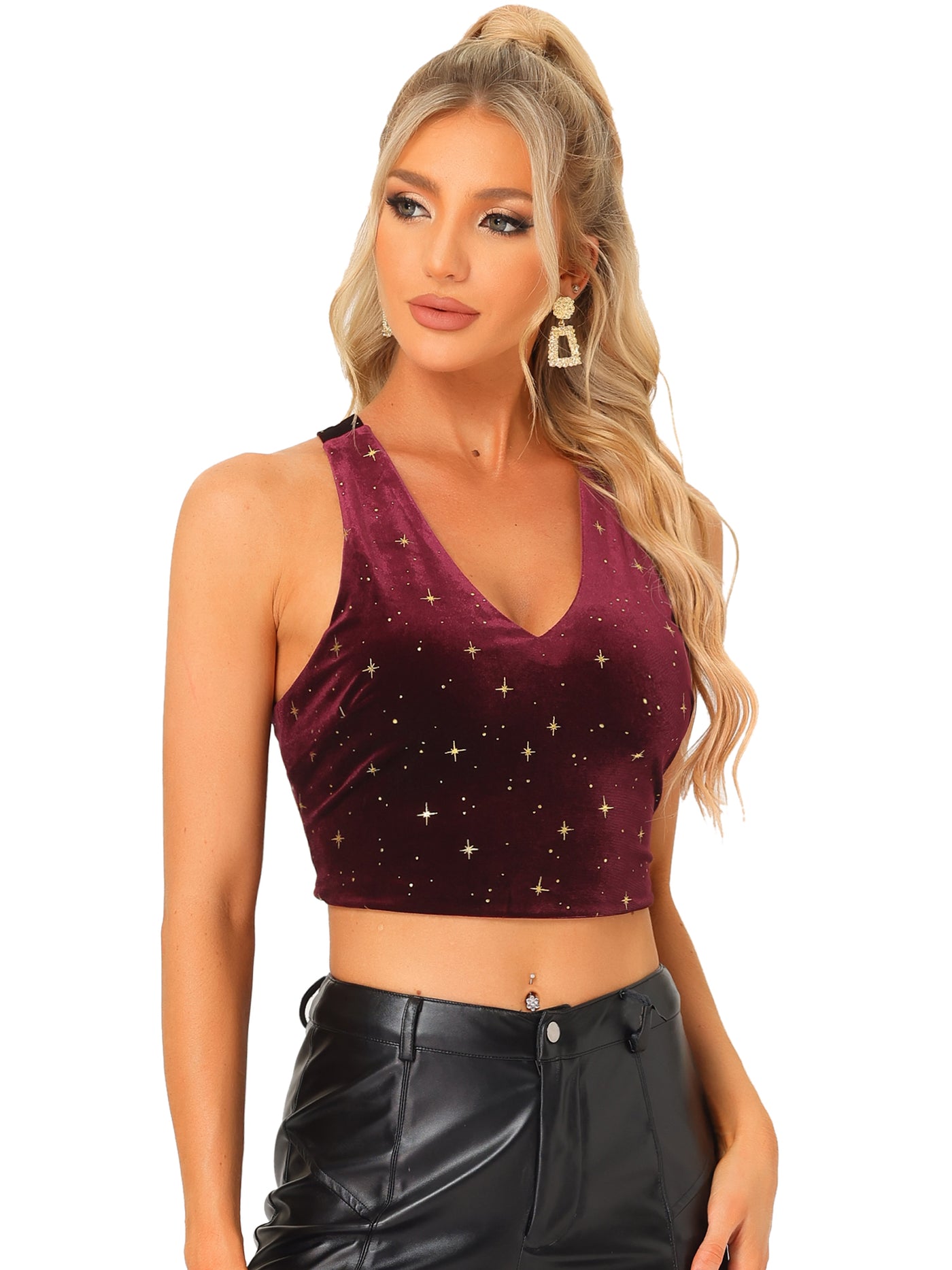 Allegra K Velvet Cropped Top Sleeveless Crisscross Back Sexy Party Blouse