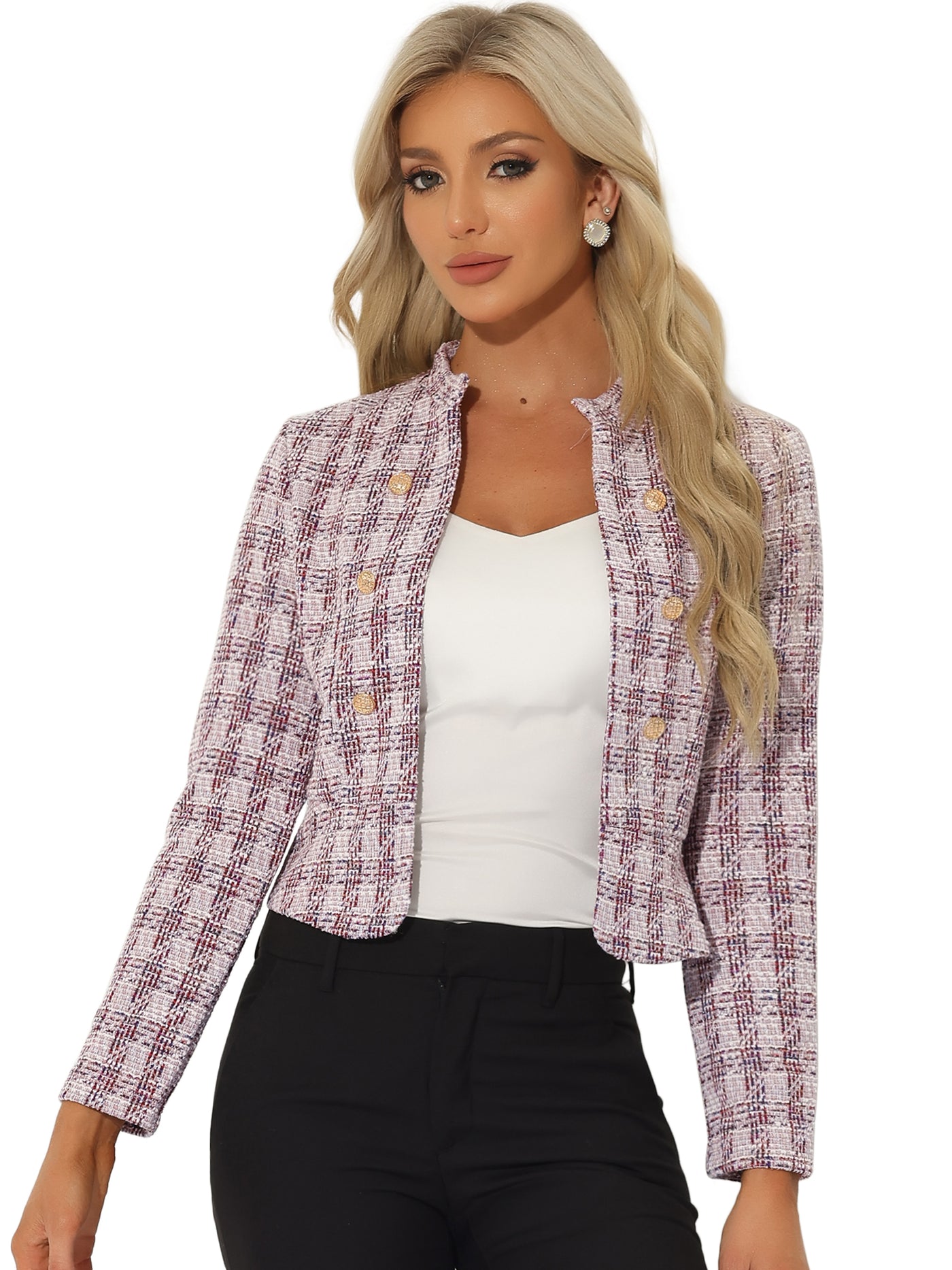 Allegra K Vintage Tweed Plaid Slim Fit Work Office Cropped Jacket