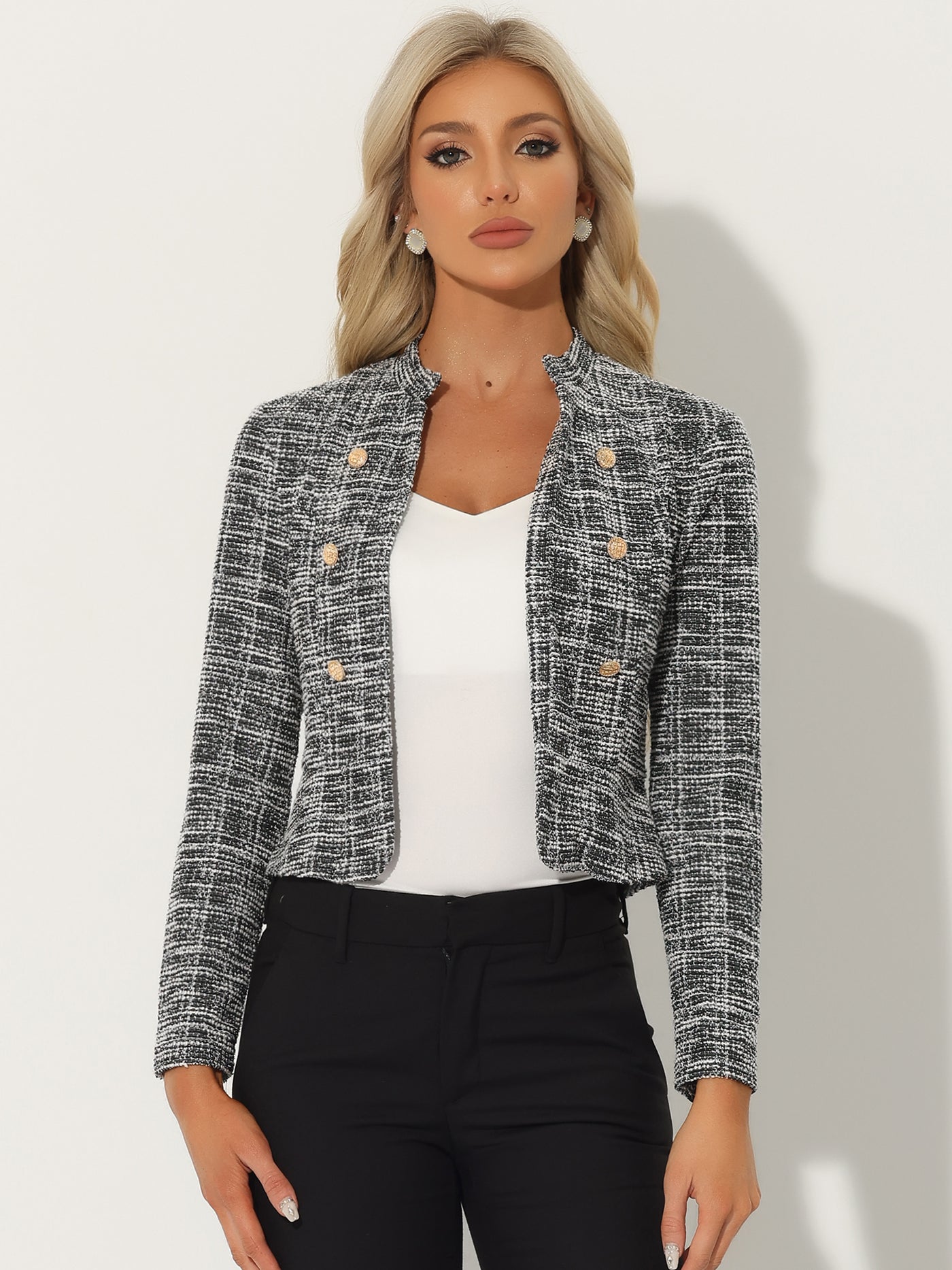 Allegra K Vintage Tweed Plaid Slim Fit Work Office Cropped Jacket