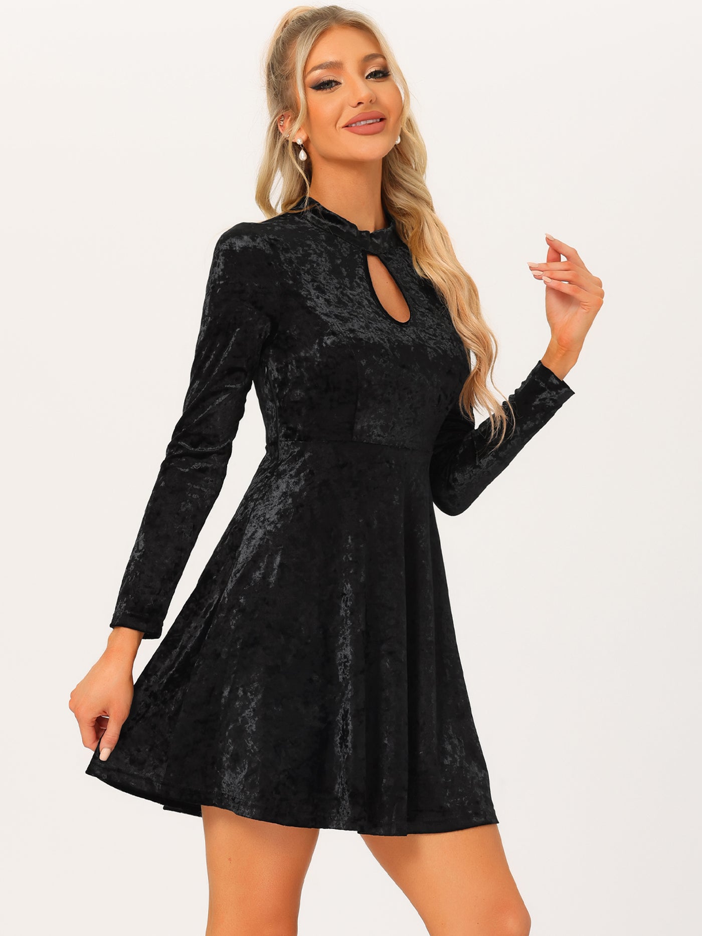 Allegra K Keyhole Neck High Waist Long Sleeve Velvet Swing Mini Dress