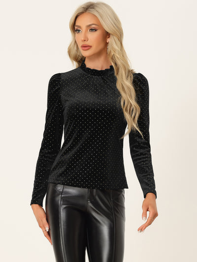 Metallic Shiny Dots Ruffle Neck Long Sleeve Vintage Velvet Blouse Top