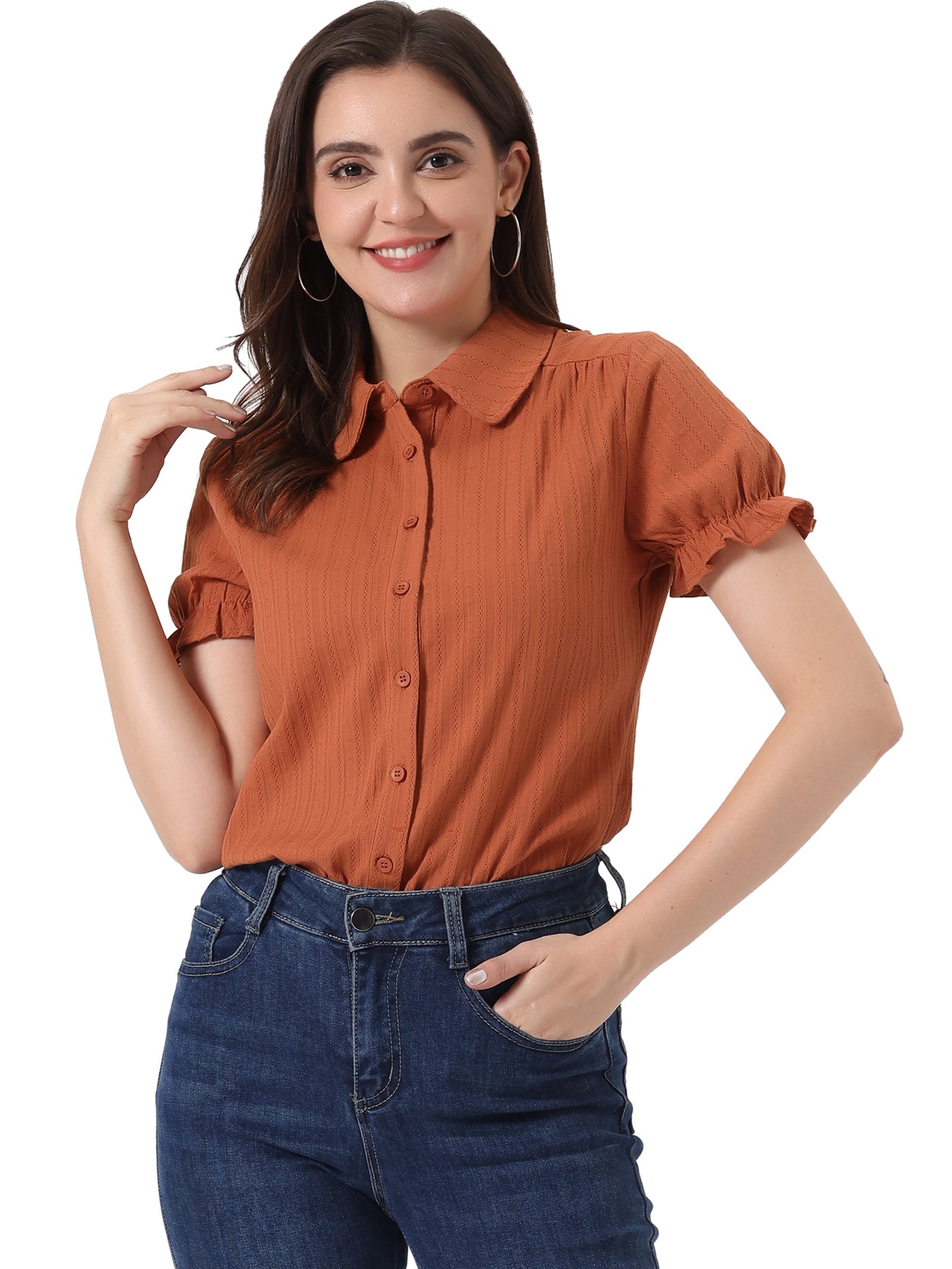 Allegra K Cotton Frilled Top Turndown Collar Solid Blouse Shirt