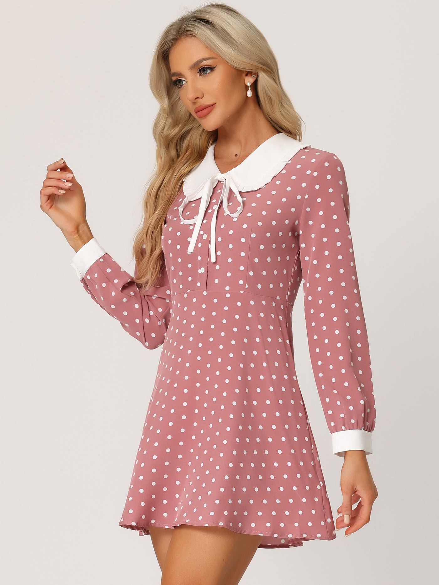 Allegra K Polka Dots Sweet Tie Neck Contrast Peter Pan Collar Dress