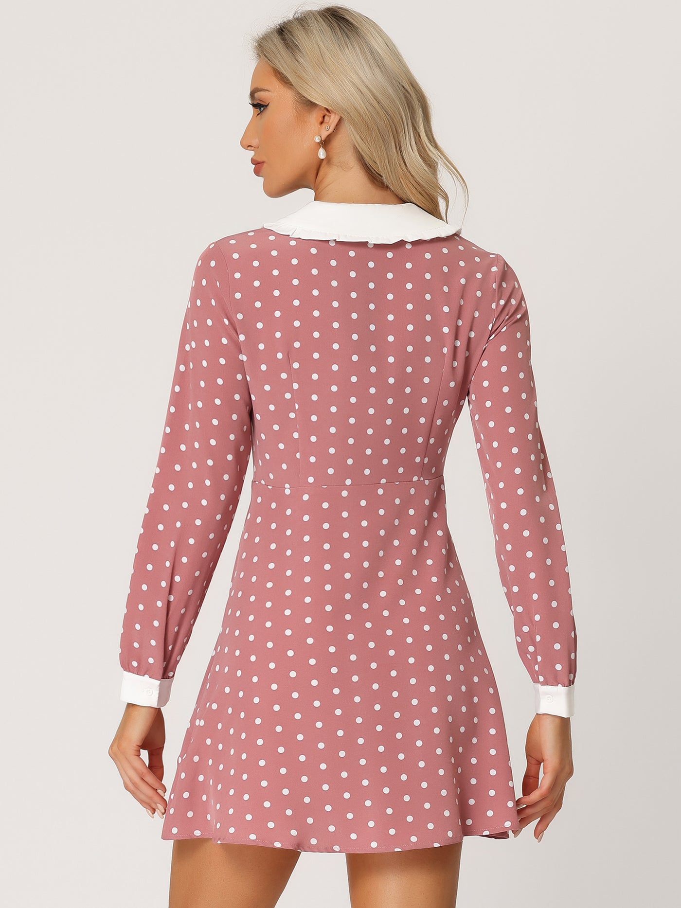 Allegra K Polka Dots Sweet Tie Neck Contrast Peter Pan Collar Dress