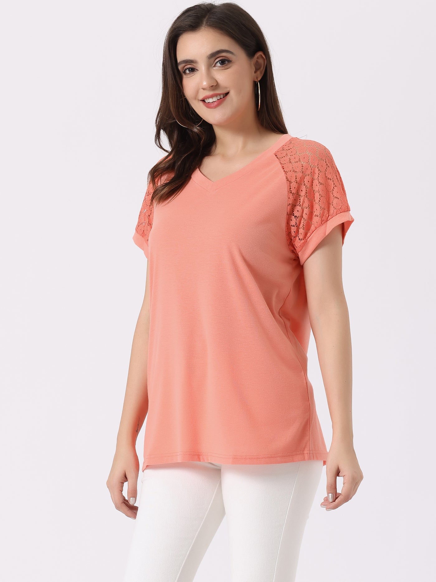 Allegra K Women's Lace Short Sleeves Tops Casual V Neck Basic T-Shirt