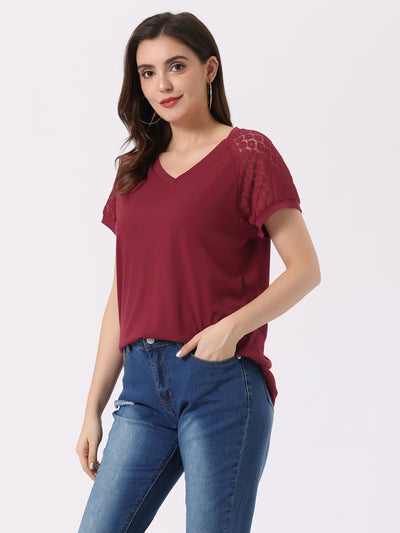 Women's Lace Short Sleeves Tops Casual V Neck Basic T-Shirt