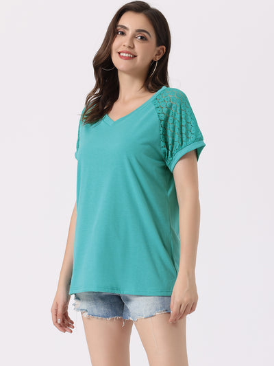 Women's Lace Short Sleeves Tops Casual V Neck Basic T-Shirt