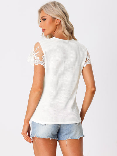 Crochet Lace V Neck Solid Color Short Sleeve Casual Tops