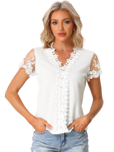 Crochet Lace V Neck Solid Color Short Sleeve Casual Tops