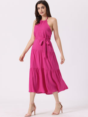 Casual Sleeveless Halter Backless A Line Solid Swing Tiered Dress Sundress