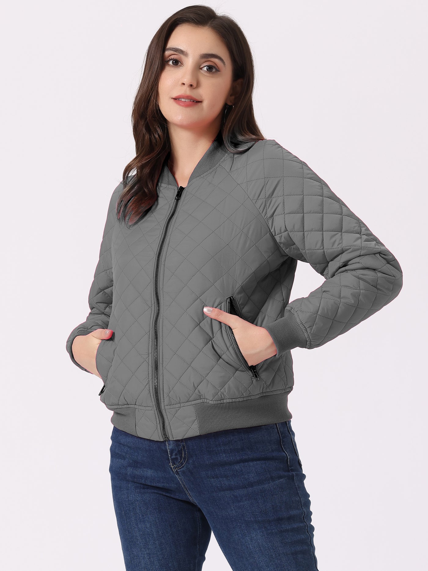 Allegra K Casual Zip Up Raglan Long Sleeve Quilted Bomber Jacket