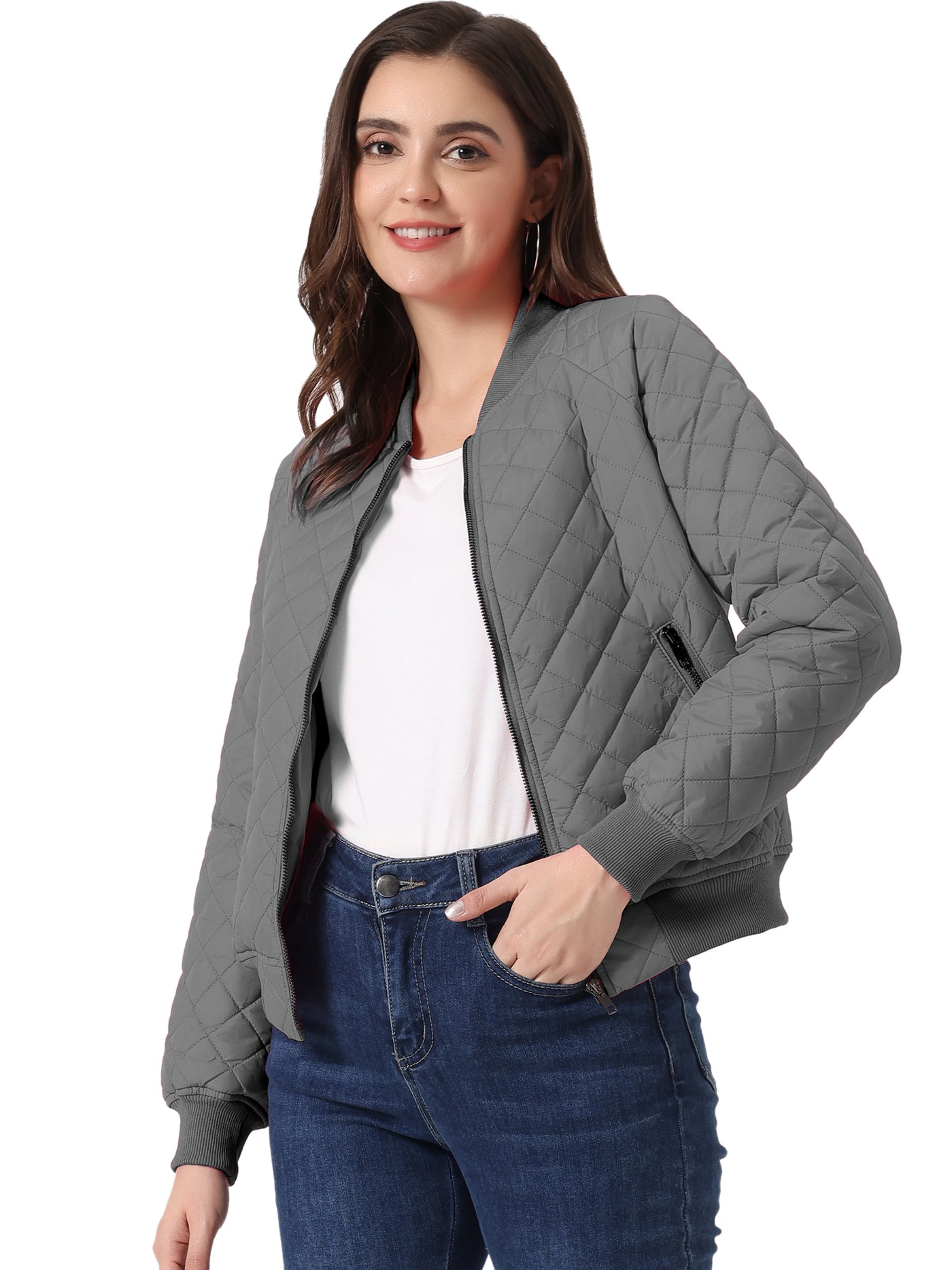 Allegra K Casual Zip Up Raglan Long Sleeve Quilted Bomber Jacket