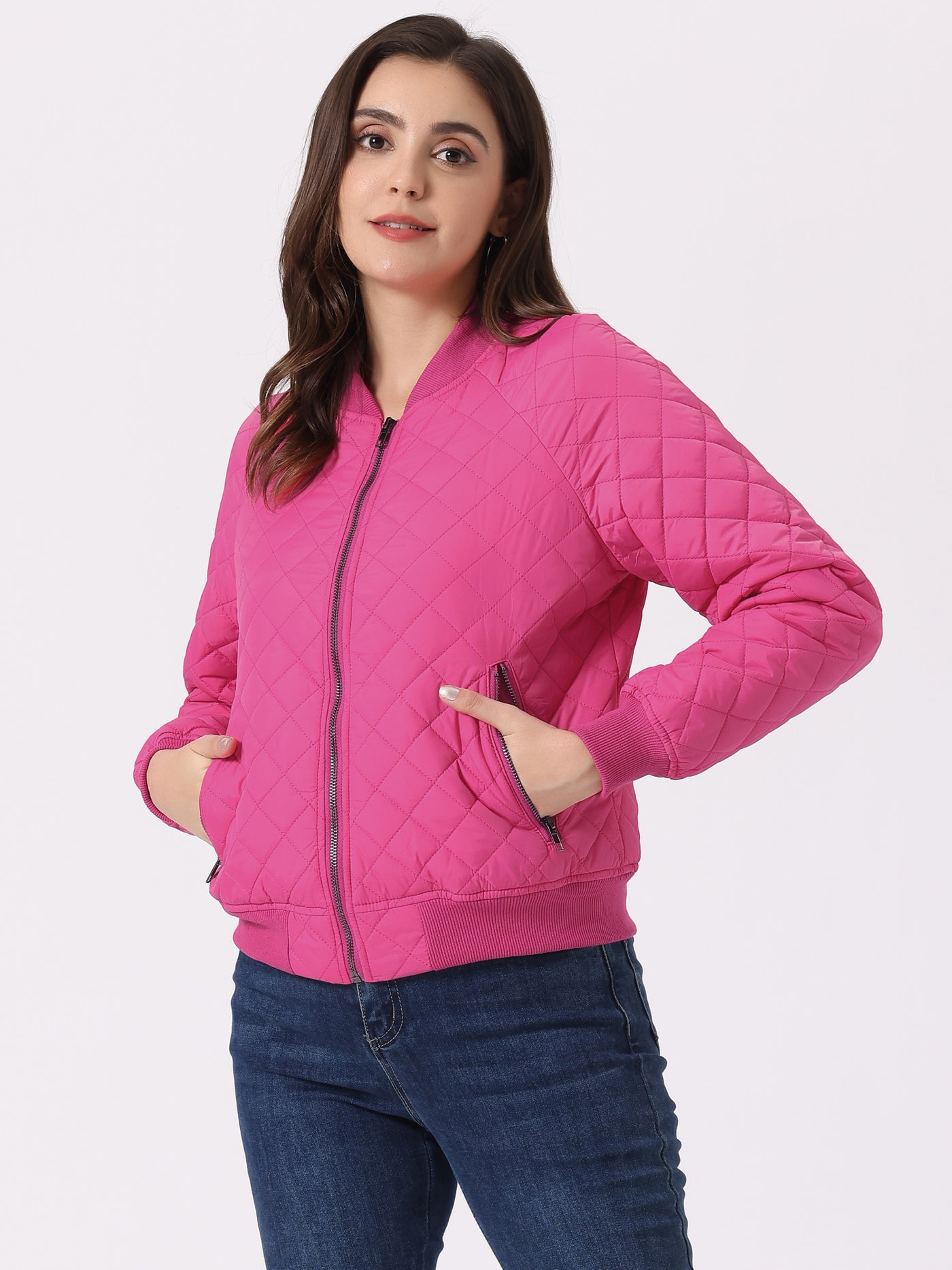 Allegra K Casual Zip Up Raglan Long Sleeve Quilted Bomber Jacket