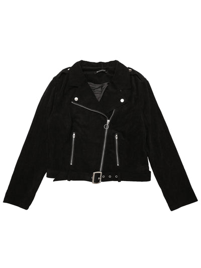 Corduroy Notched Lapel Zip Up Long Sleeve Motorcycle Jacket