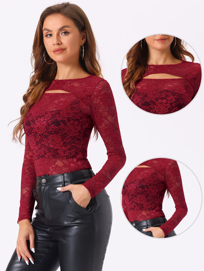 See Through Cut Out Long Sleeve Semi Sheer Fitted Lace Top