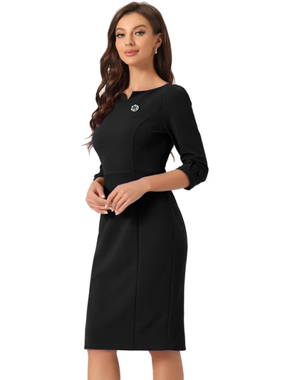 3/4 Sleeve Notch Neck Slim Fit Work Pencil Midi Dress