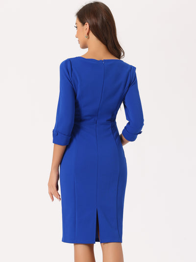 3/4 Sleeve Notch Neck Slim Fit Work Pencil Midi Dress