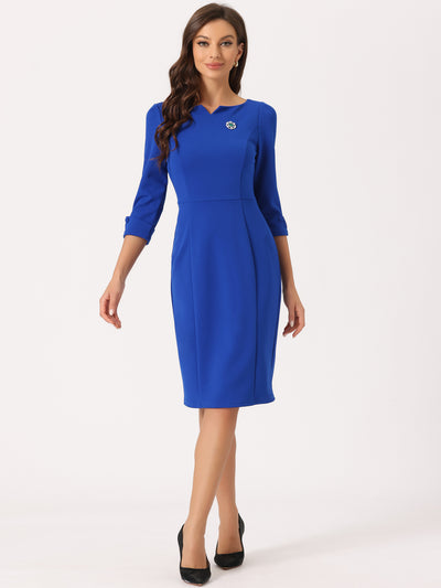 3/4 Sleeve Notch Neck Slim Fit Work Pencil Midi Dress