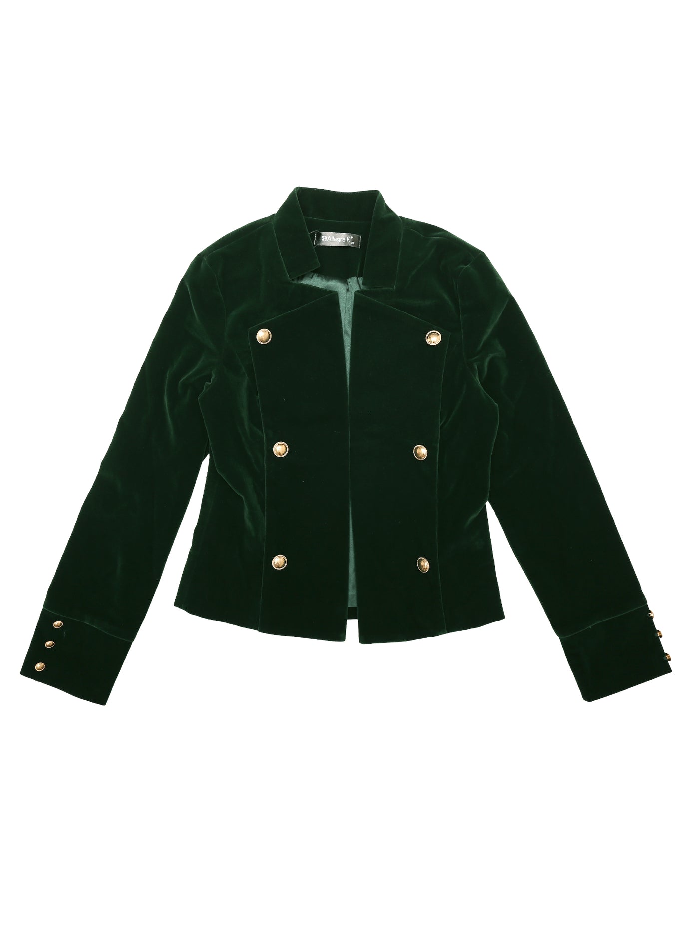 Allegra K Velvet Vintage Stand Collar Open Front Button Decor Jacket