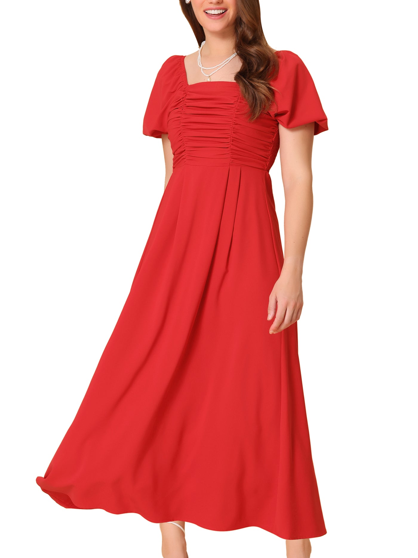 Allegra K Solid Puff Sleeves Square Neck Ruched Maxi Sun Dress