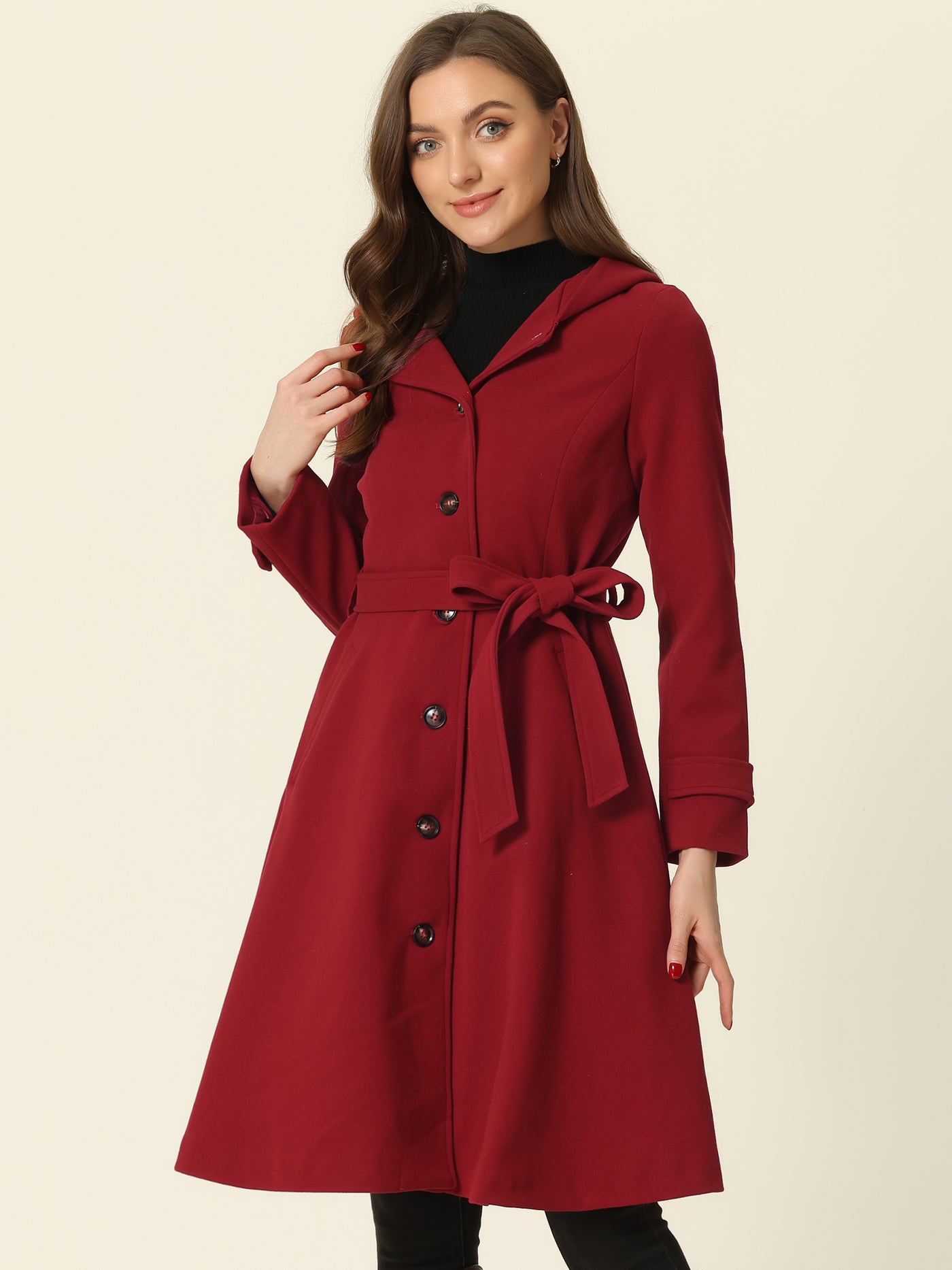 Allegra K Single Breasted Belted Hooded Winter Pockets Coat