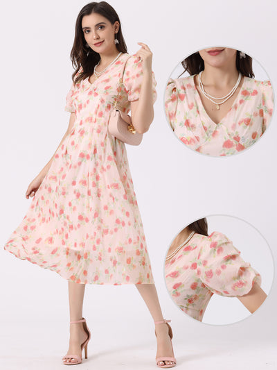 Floral Print Short Sleeve Cinched Waist Long Midi Dress