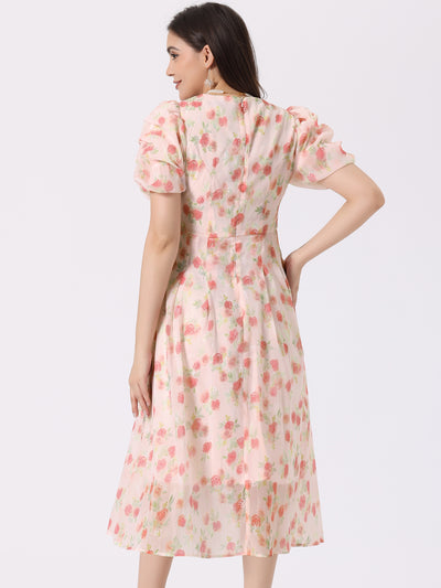 Floral Print Short Sleeve Cinched Waist Long Midi Dress