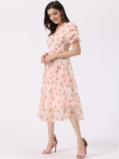 Floral Print Short Sleeve Cinched Waist Long Midi Dress