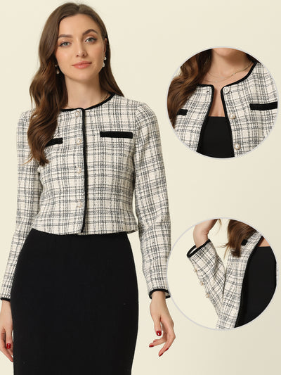 Tweed Plaid Round Neck Faux Pearl Button Long Sleeve Cropped Jacket