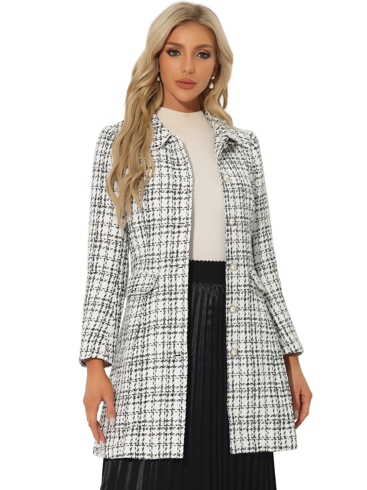 Allegra K Doll Collar Plaid Tweed Winter Button Elegant Long Coat