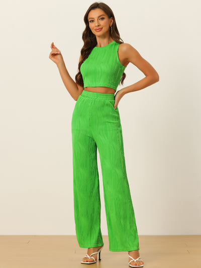 Women's 2 Pieces Outfits Sleeveless Crop Top Wide Leg Pants Textured Set