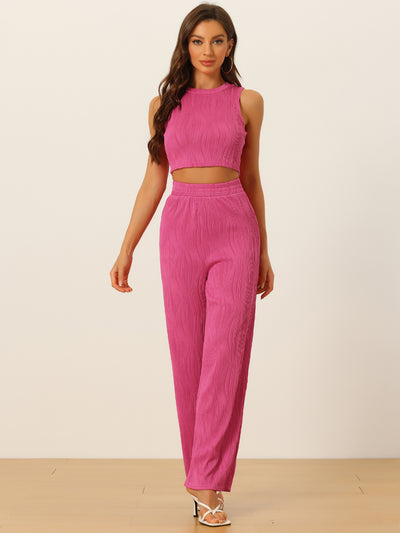 Women's 2 Pieces Outfits Sleeveless Crop Top Wide Leg Pants Textured Set