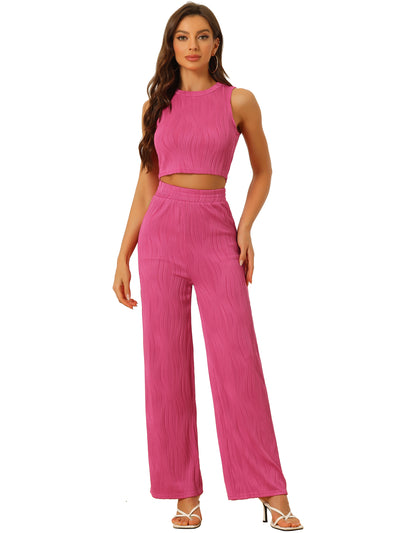 Women's 2 Pieces Outfits Sleeveless Crop Top Wide Leg Pants Textured Set