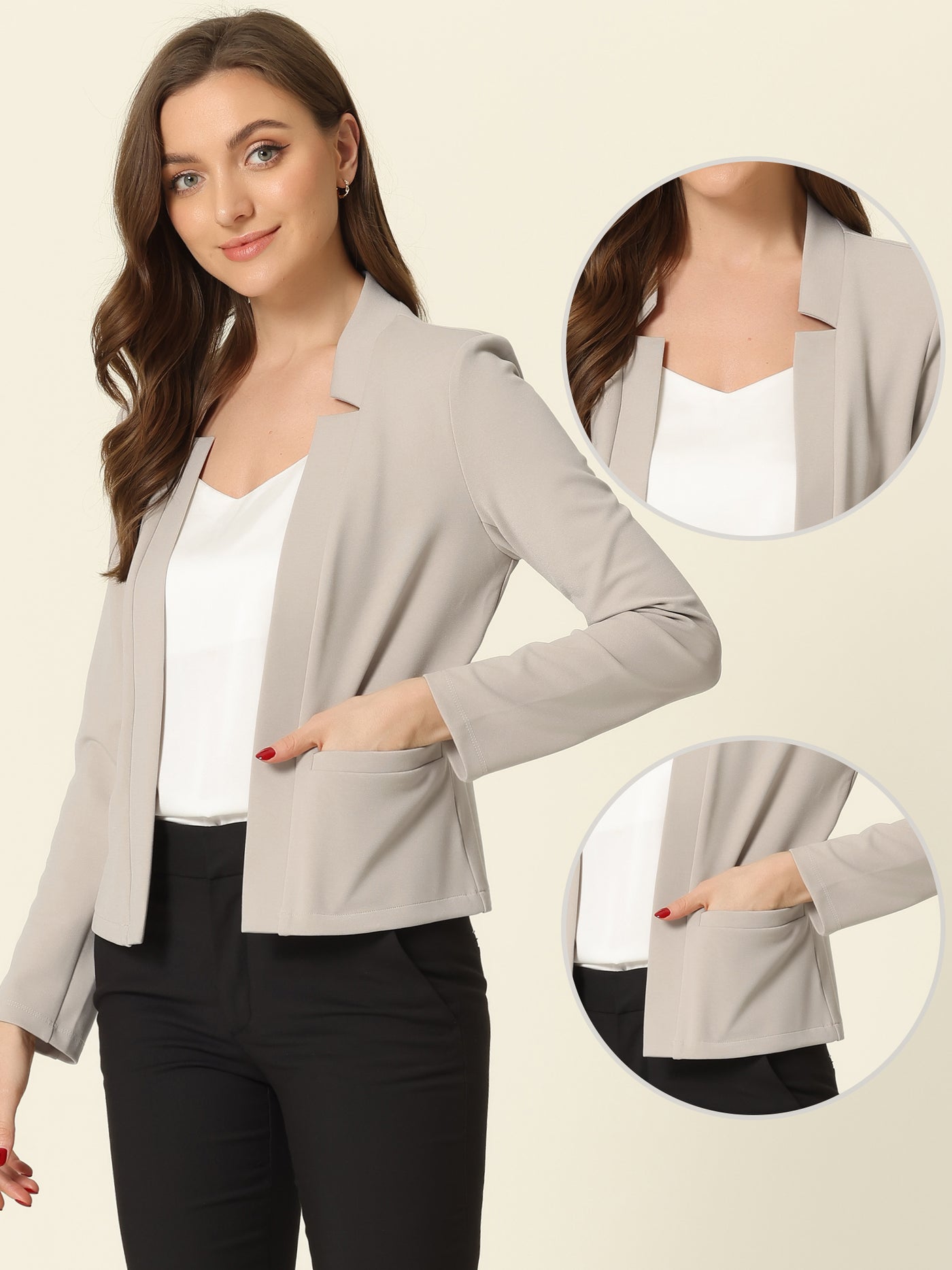Allegra K Work Office Stand Collar Long Sleeve Open Front Cropped Blazer
