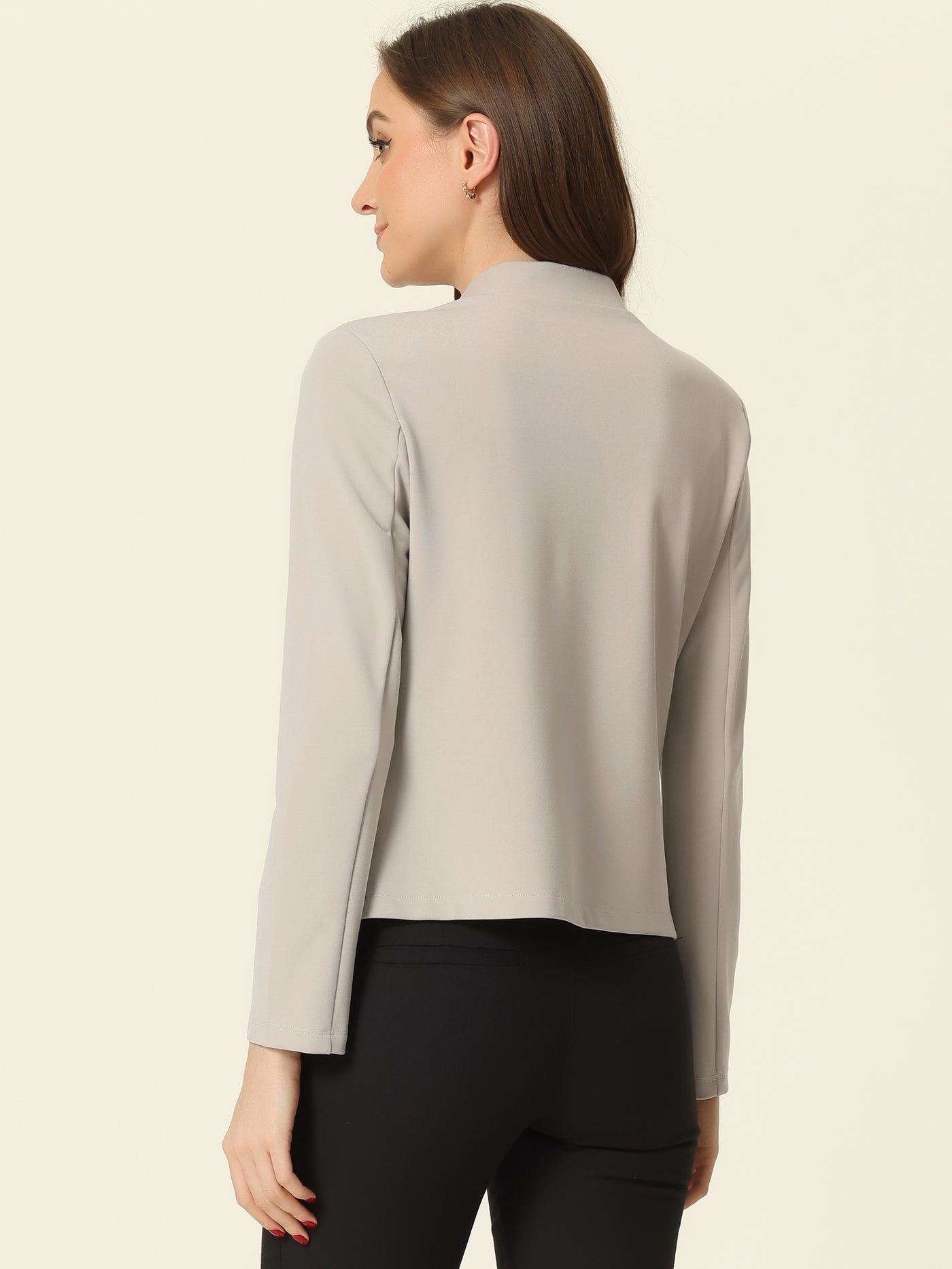 Allegra K Work Office Stand Collar Long Sleeve Open Front Cropped Blazer